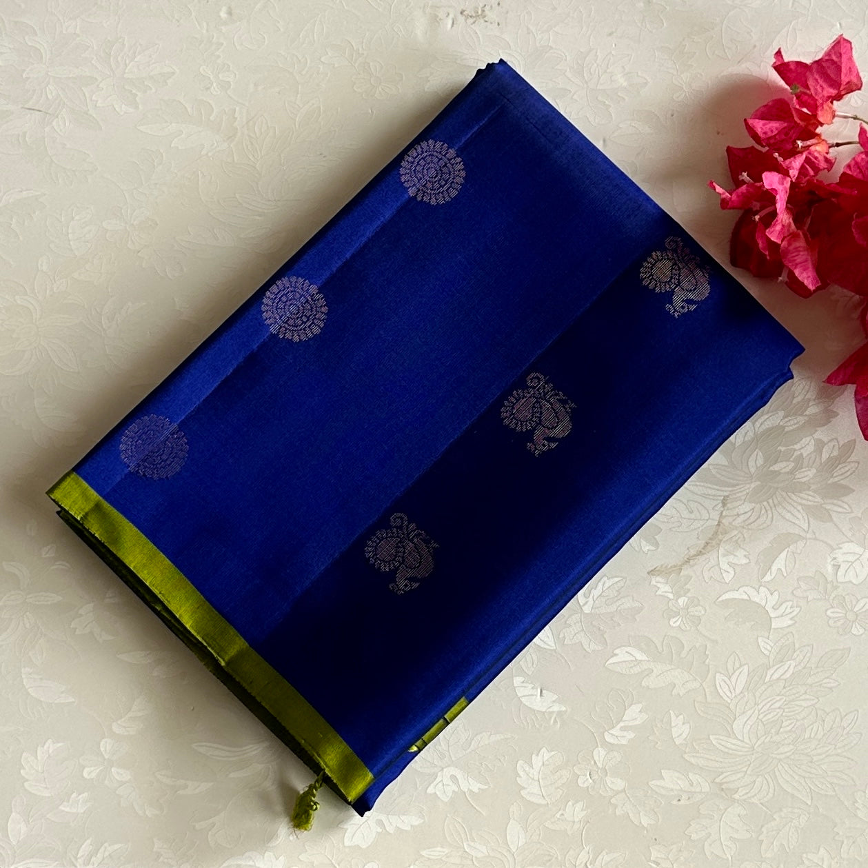 Royal Blue Designer Pure Silk Saree With Lime Green Pallu