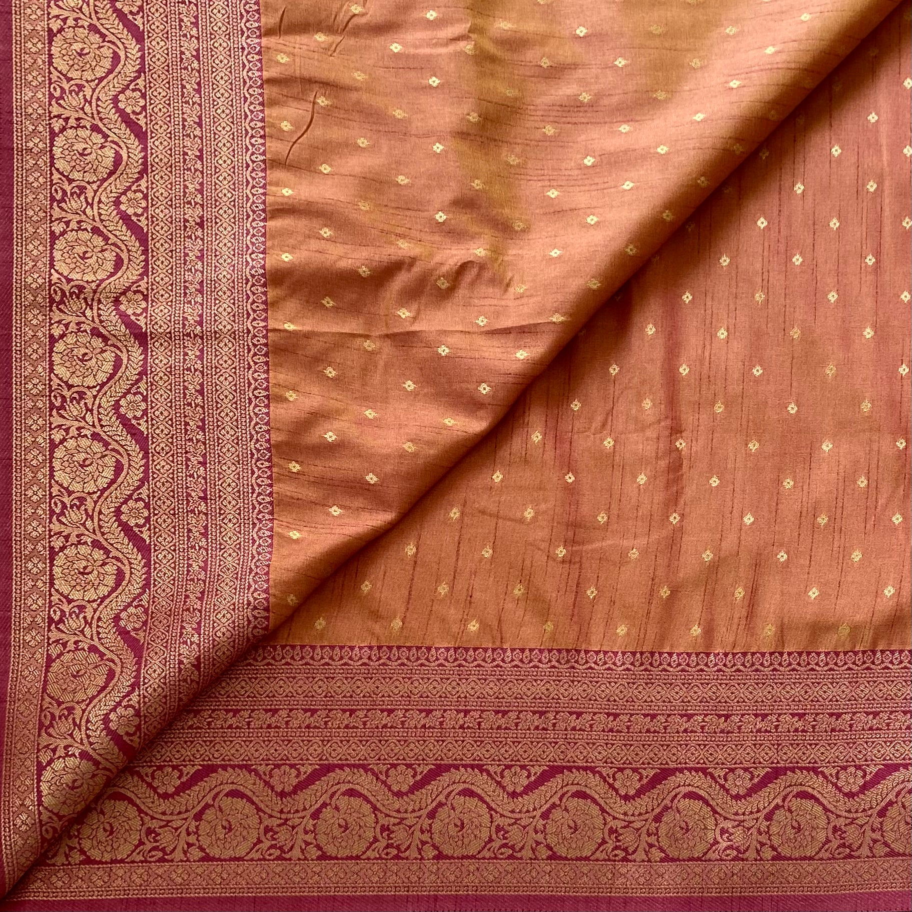 Muted Burnt Orange Banarasi Soft Tussar Saree With Mauve Pink Pallu
