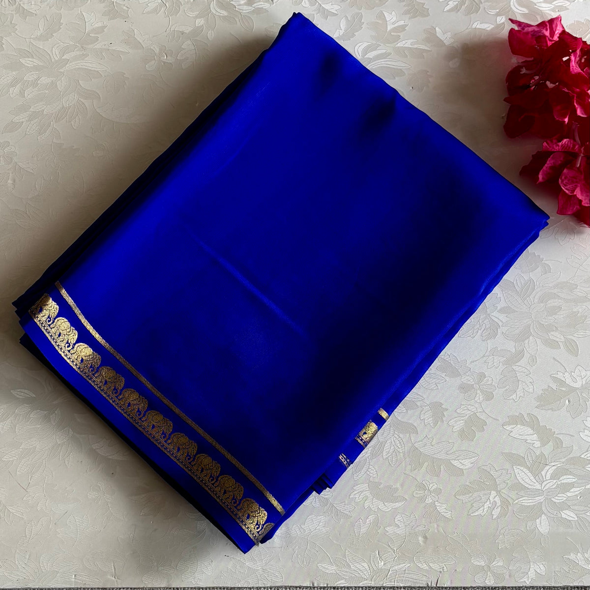 Royal Blue Mysore Crepe Silk Saree With Antique Elephant And Gold Border
