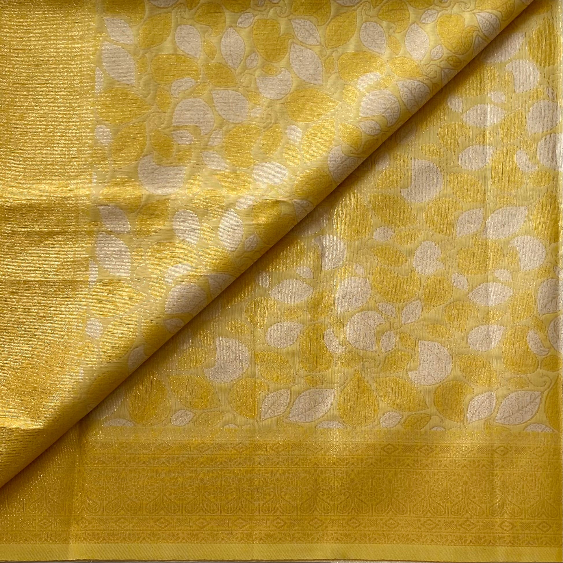 Mustard Yellow Lustrous Leaf Jacquard Saree With Gold Zari Tassels