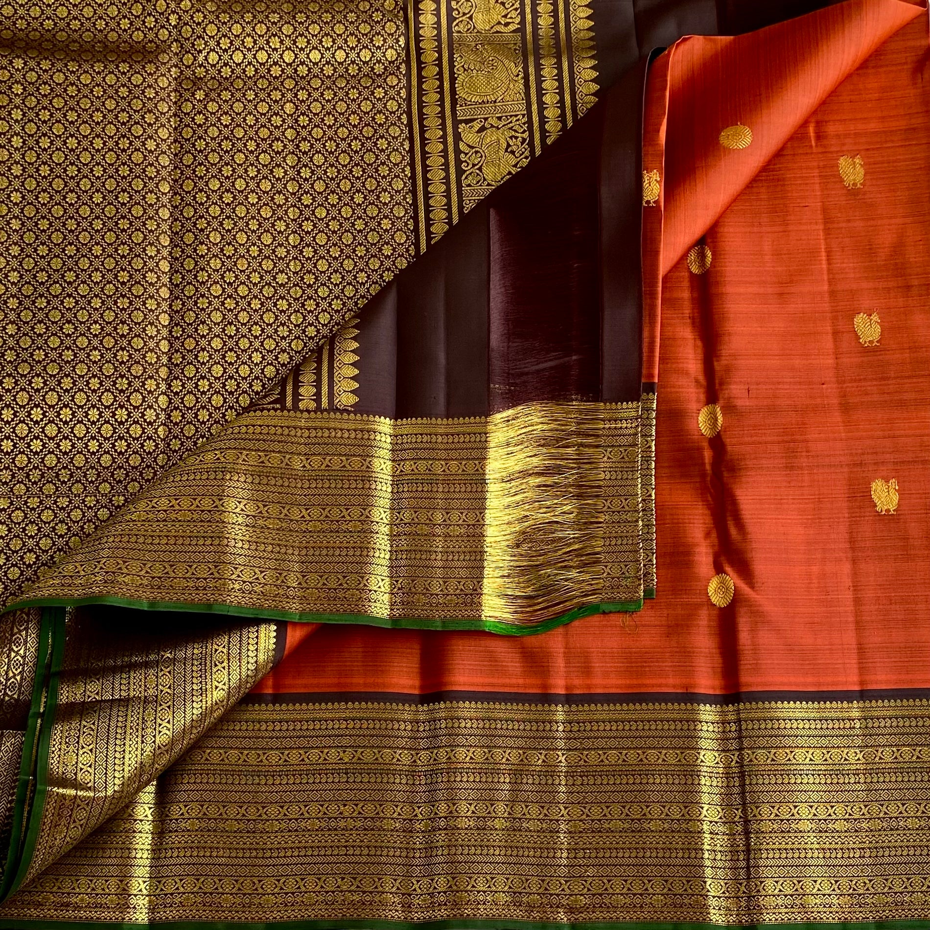 Burnt Orange With Classic Coffee  Brown Kanjeevaram Pure Zari Silk