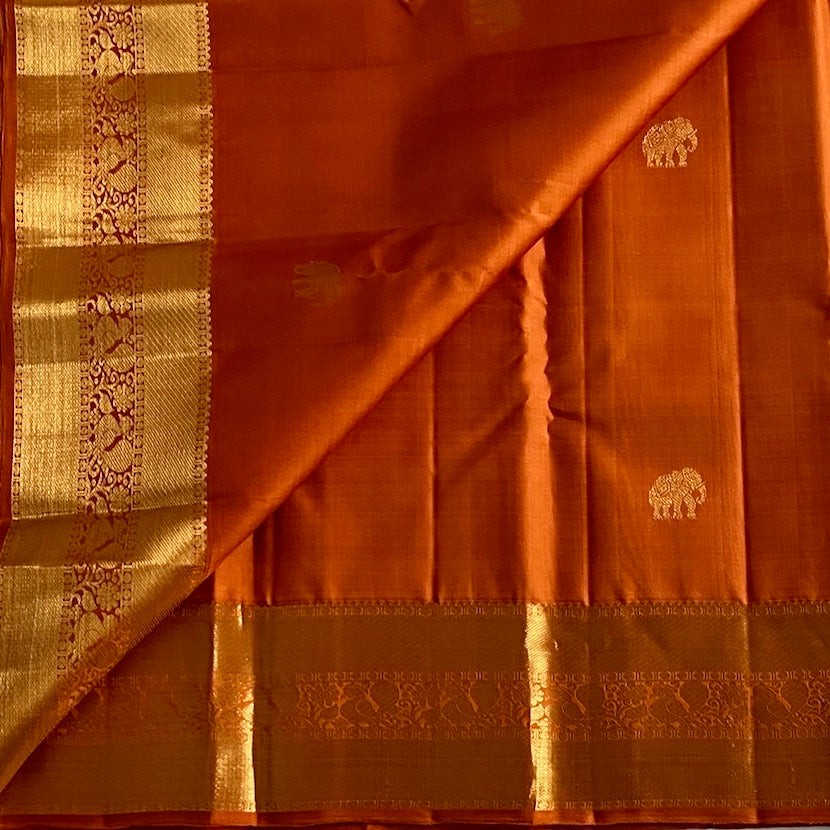 Burnt Orange Kanjeevaram Pure Zari Silk Saree With Gold Border