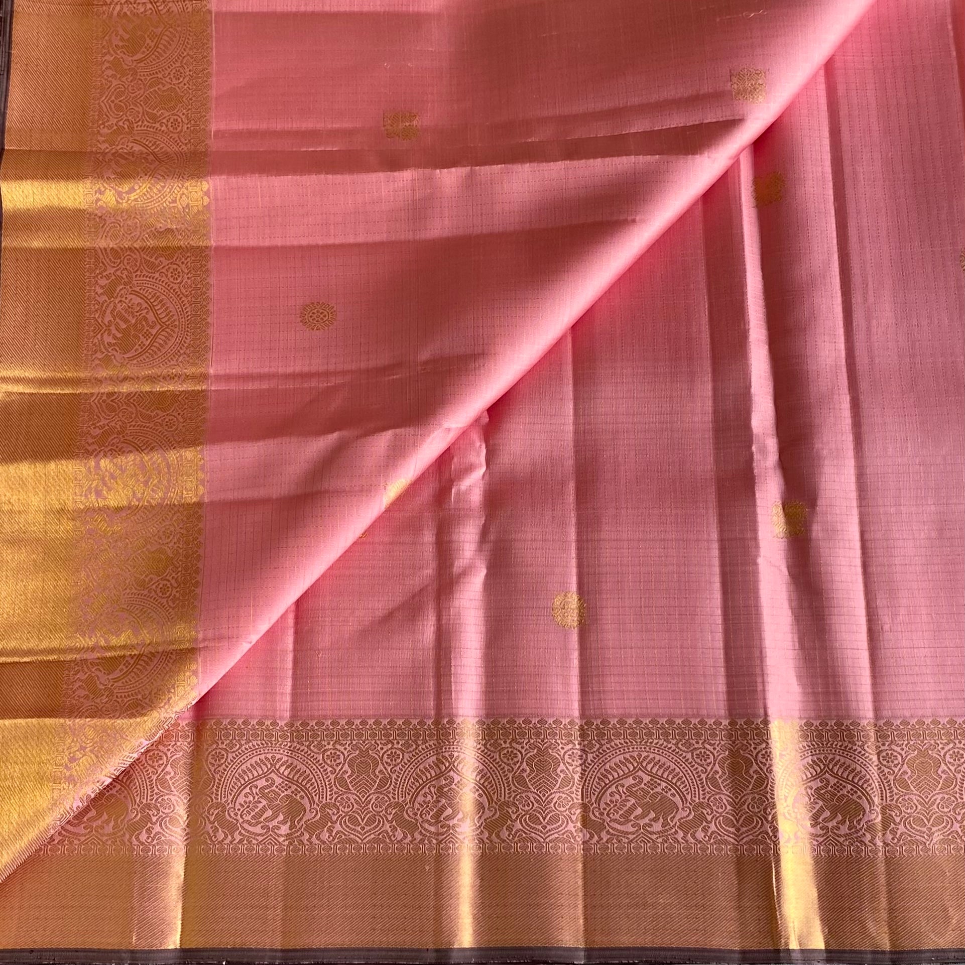 Dreamy Baby Pink Kanjeevaram Pure Zari Silk Saree With Tiny Grey Border