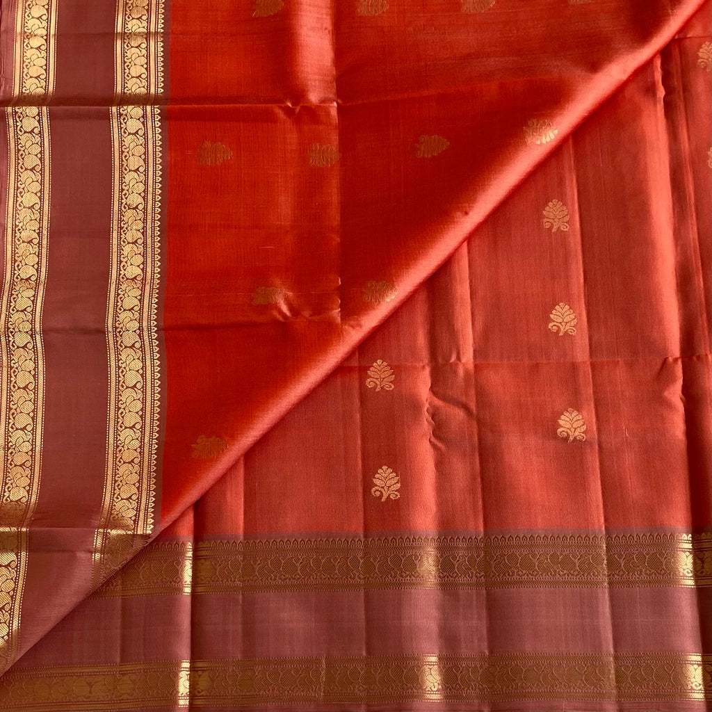 Sorbet Peach Orange Designer Pure Silk Saree With Dusty Rose Pallu