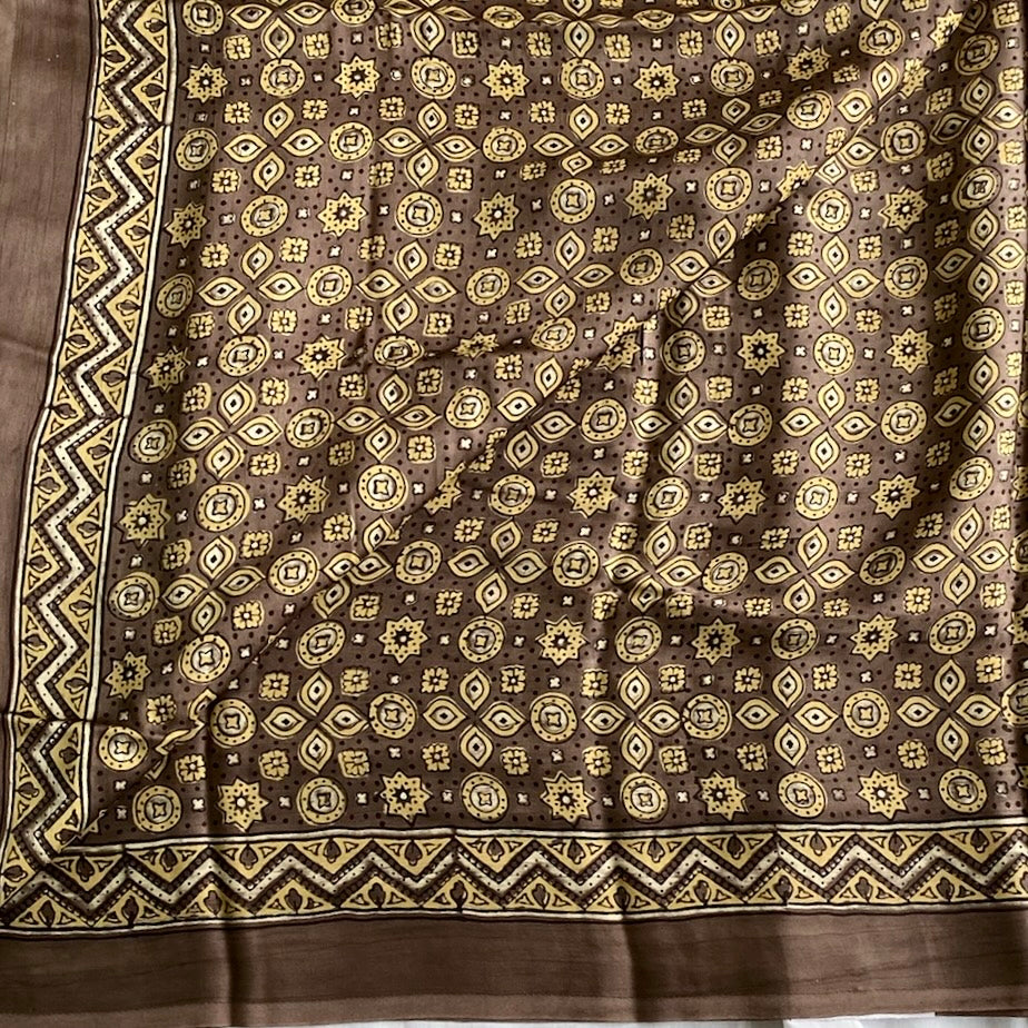 Taupe Brown AJRAKH HANDBLOCK PRINTED SILK Saree With Mustard Yellow Buttas