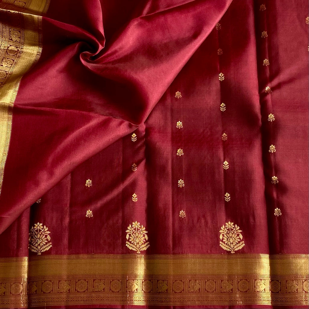 Deep Maroon Designer Pure Silk Saree With Metallic Gold Brocade