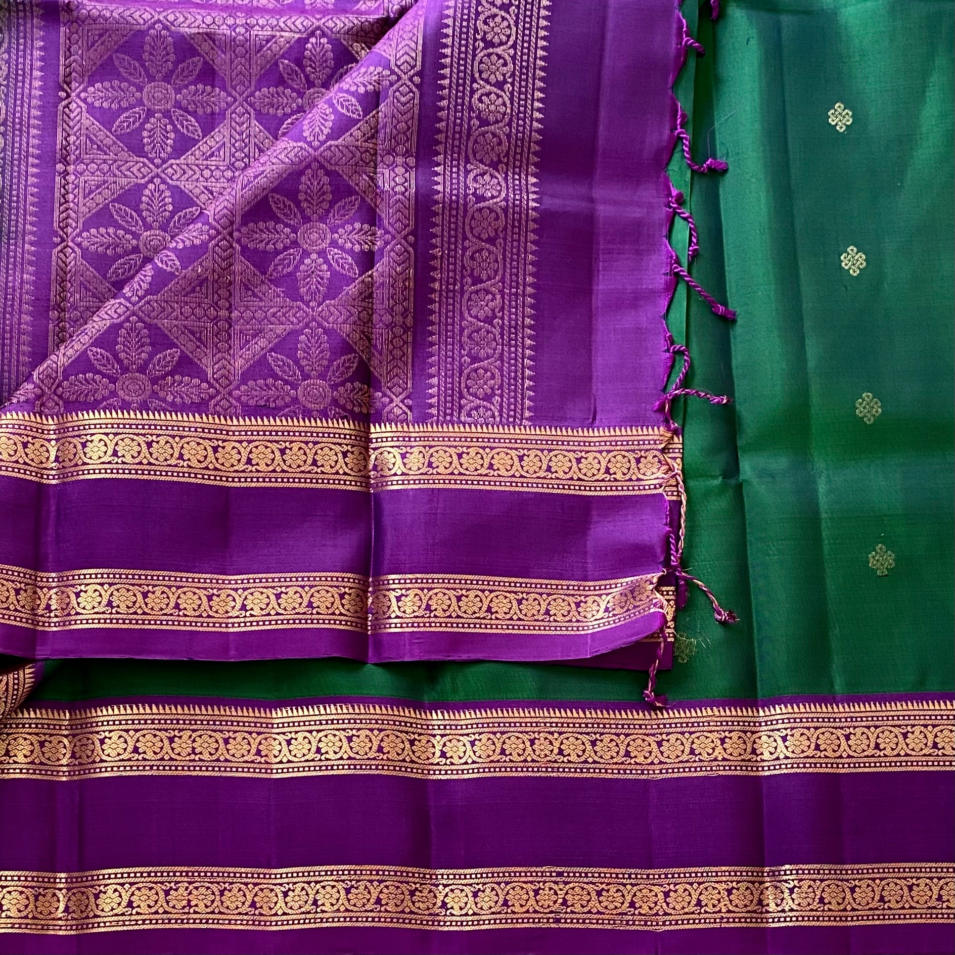 Emerald Green Designer Pure Silk Saree Royal Purple Zari Border