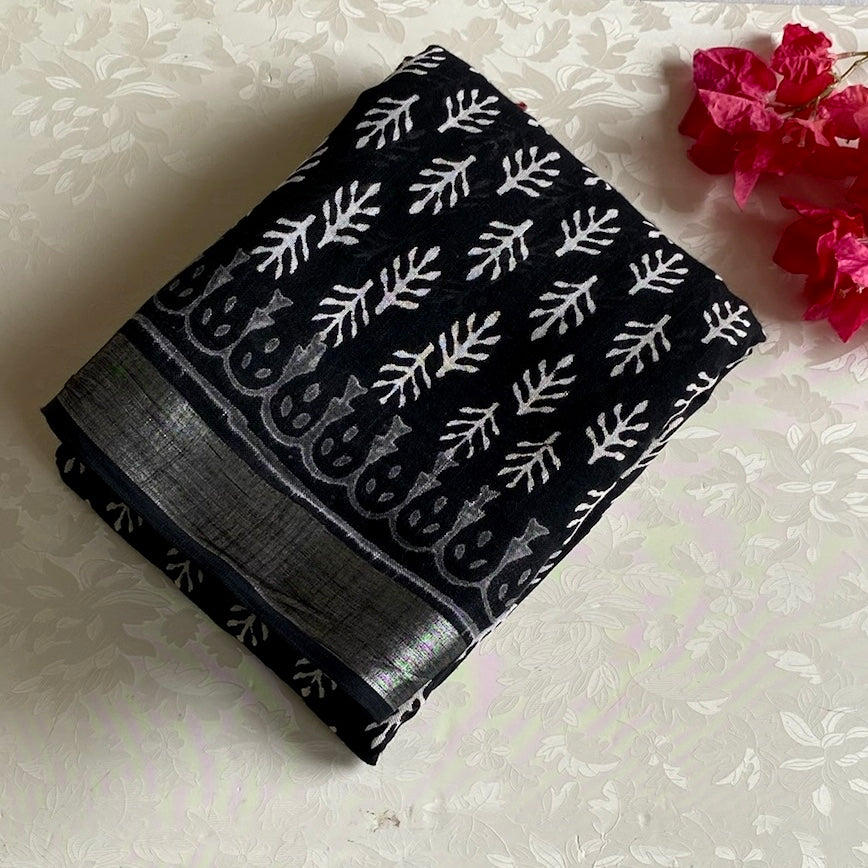 Jet Black With Silver - Block Printed Soft Linen Elegance