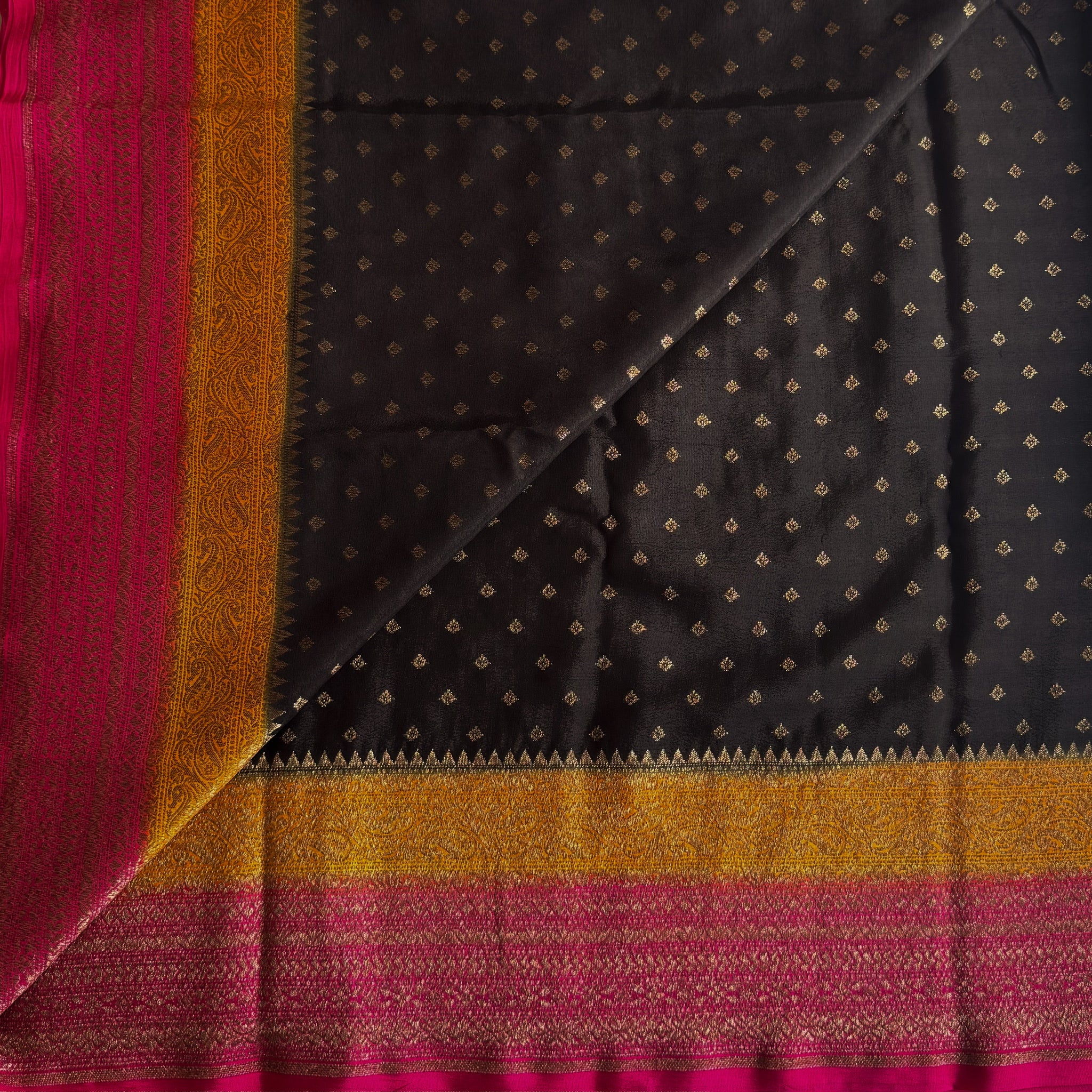 Black • Mustard • Pink soft Banarasi crepe silk with tiny buttas