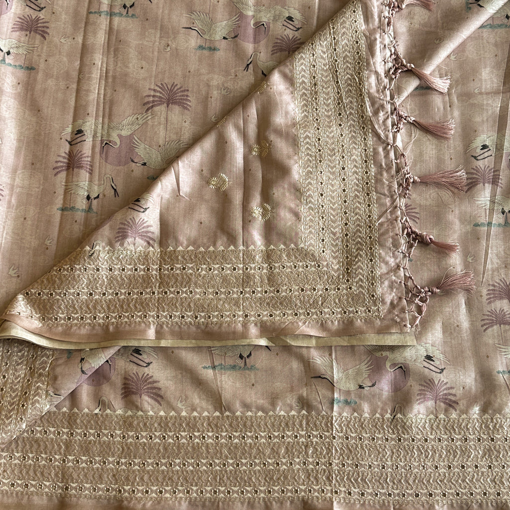 Dusty Rose Crane Print Saree With Antique Gold Zari Border