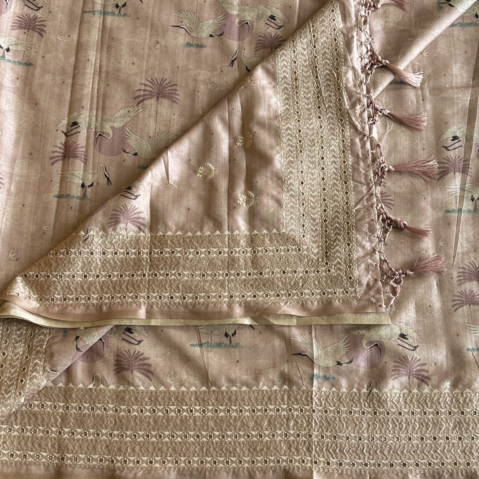 Dusty Rose Crane Print Saree With Antique Gold Zari Border