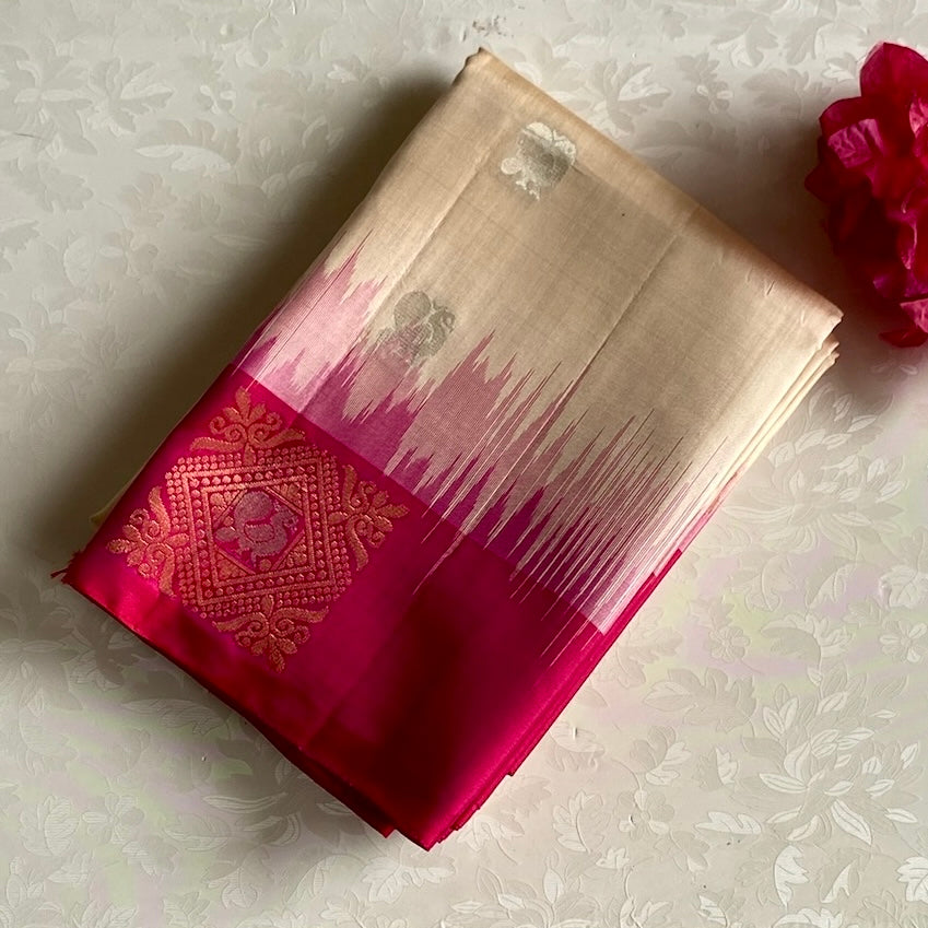 Ivory Pearl Designer Pure Silk Saree With Rani Pink And Gold Brocade
