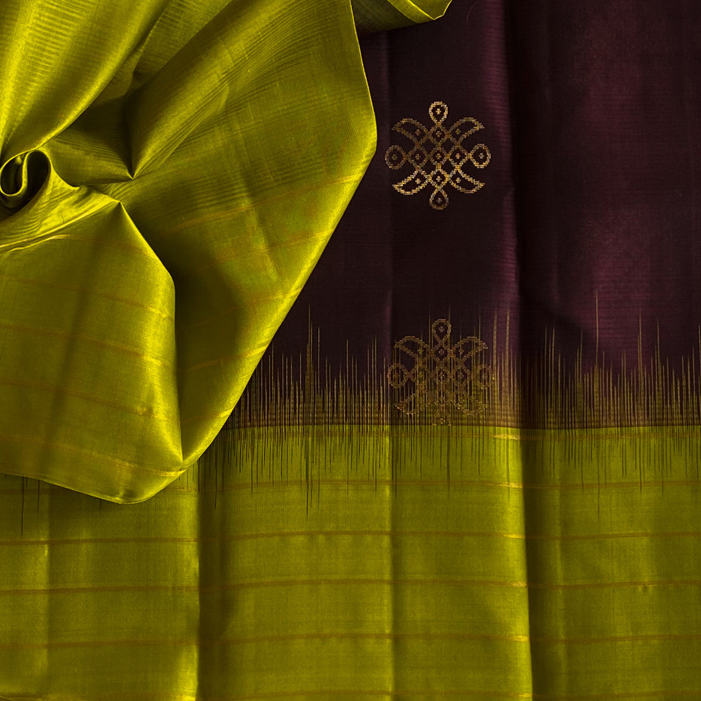 Classy Chocolate Brown With Chartreuse Green Kollam Zari Woven Pure Silk