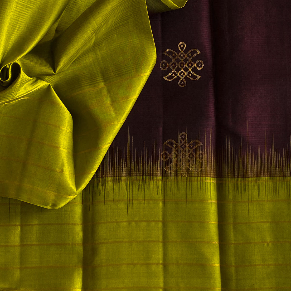 Classy Chocolate Brown With Chartreuse Green Kollam Zari Woven Pure Silk