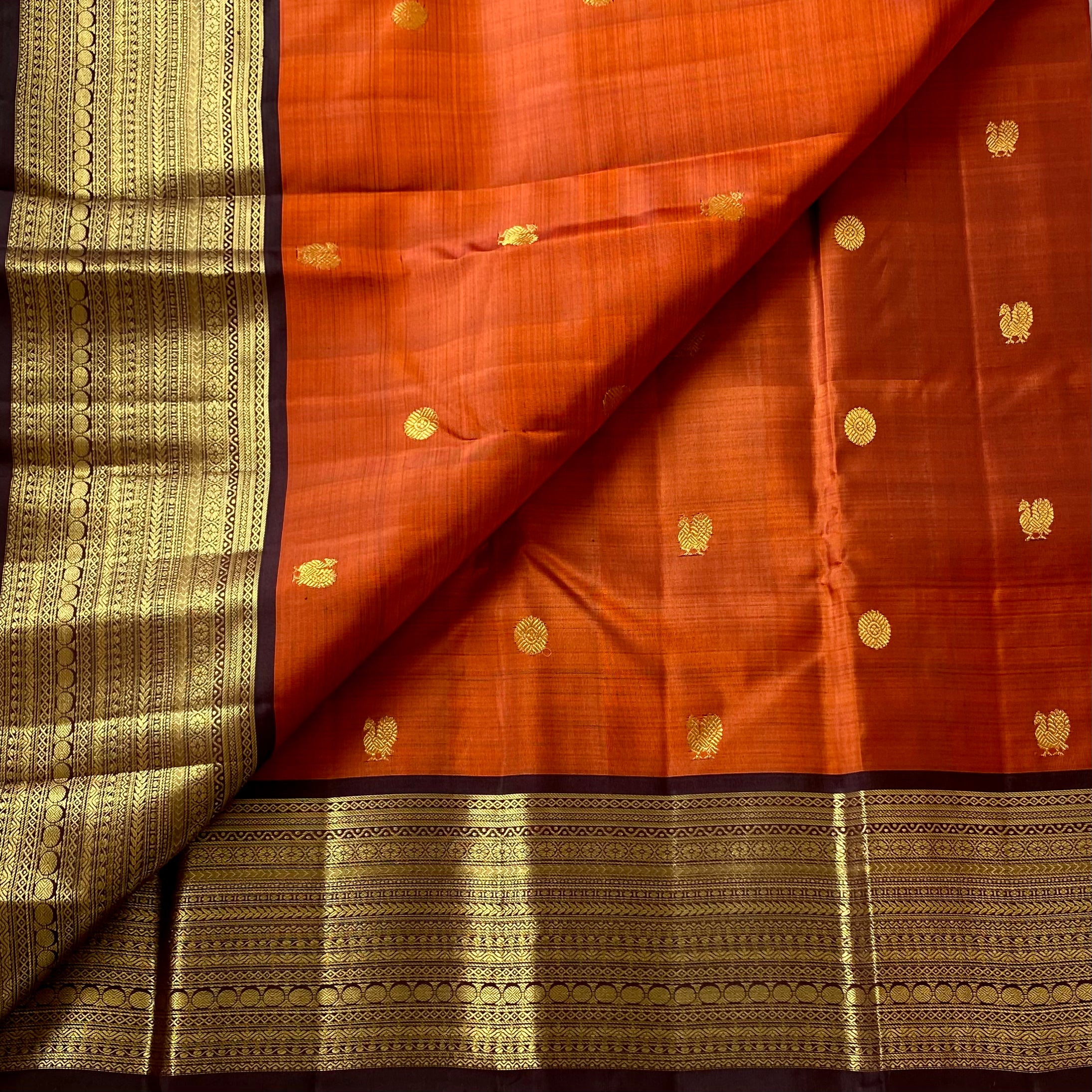 Vintage Trend Rust Orange with Deep Coffee Brown Kanjeevaram Designer Pure Silk