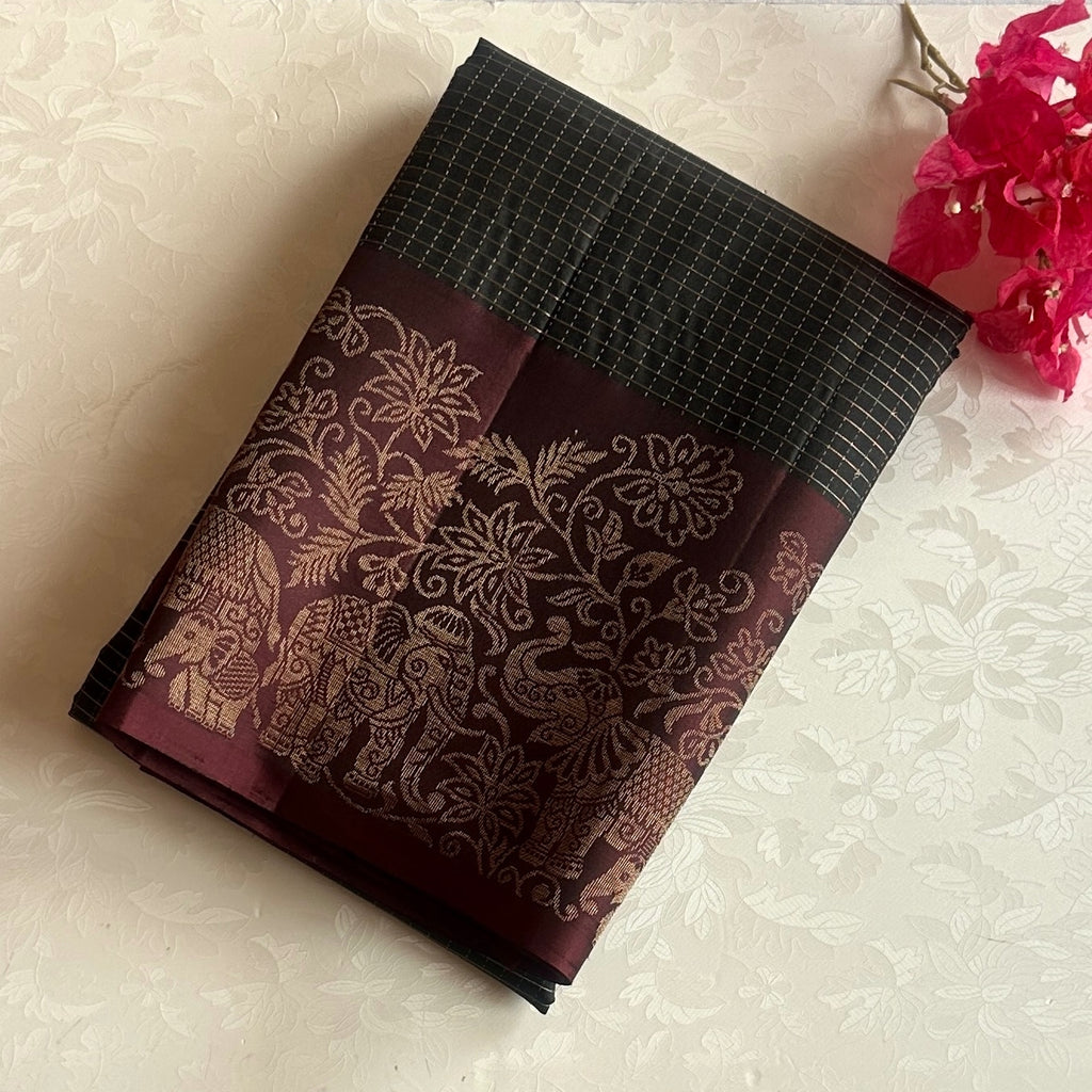 Burgundy Brocade Silk Saree With Elephant Zari Border For Weddings