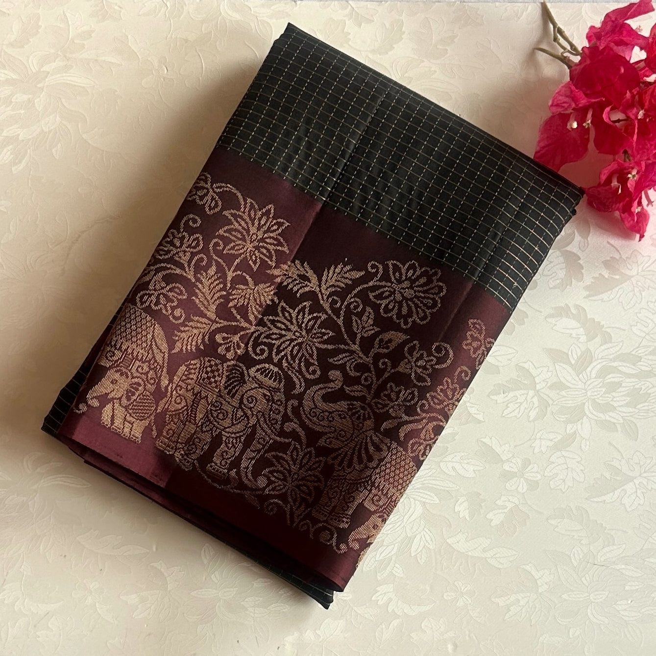 Burgundy Brocade Silk Saree With Elephant Zari Border For Weddings