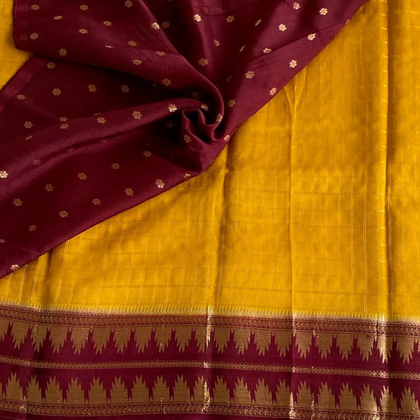 Mustard Yellow Soft Tussar Silk Saree With Deep Maroon Pallu