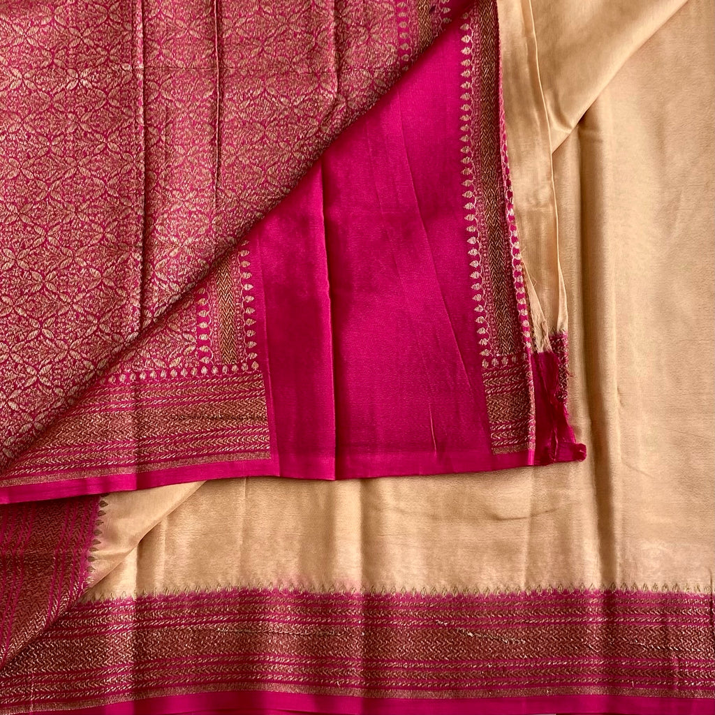 Bisque Beige Soft Tussar Silk Saree With Rani Pink Contrast Pallu
