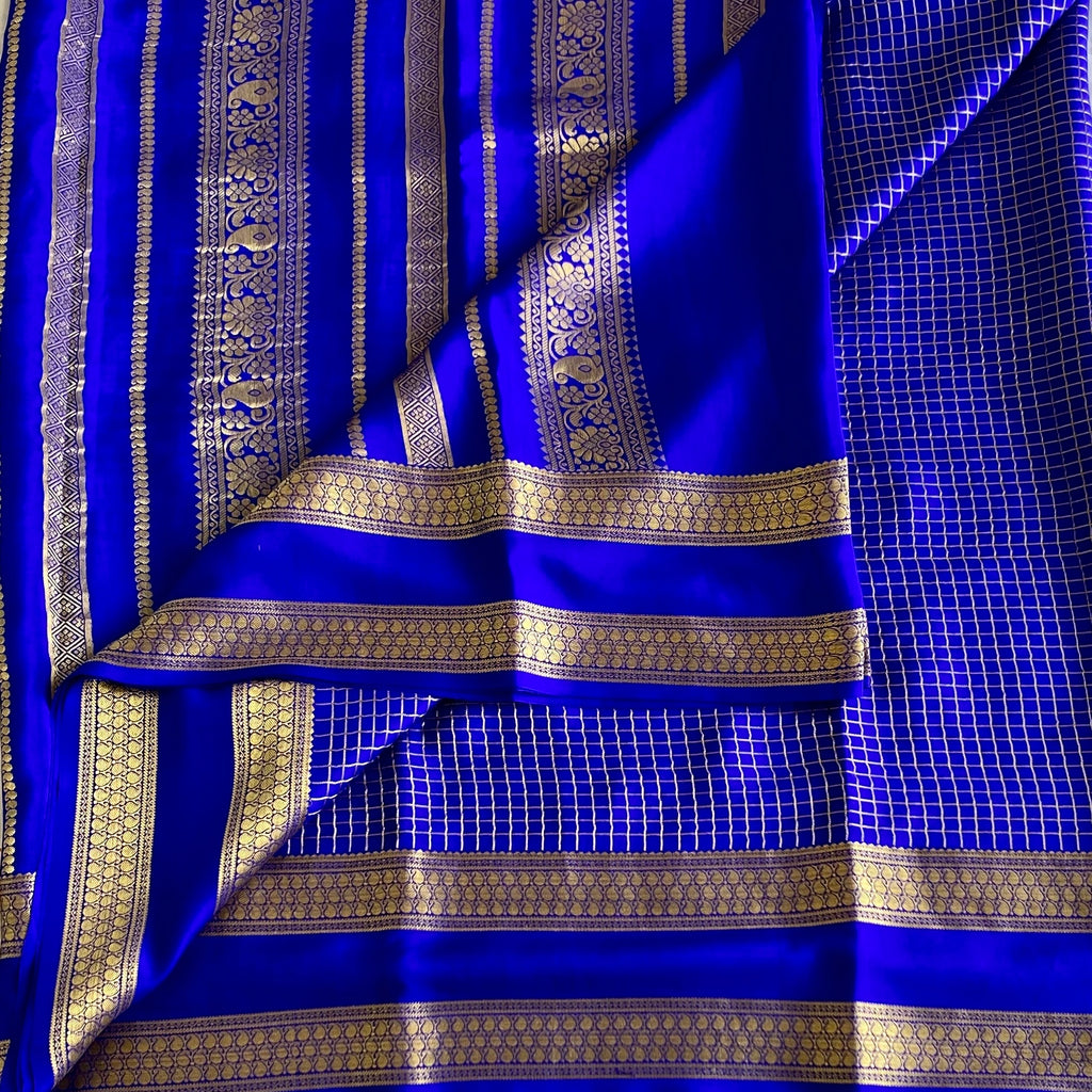 Royal Blue Mysore Crepe Silk Saree With Antique Gold Zari Stripes