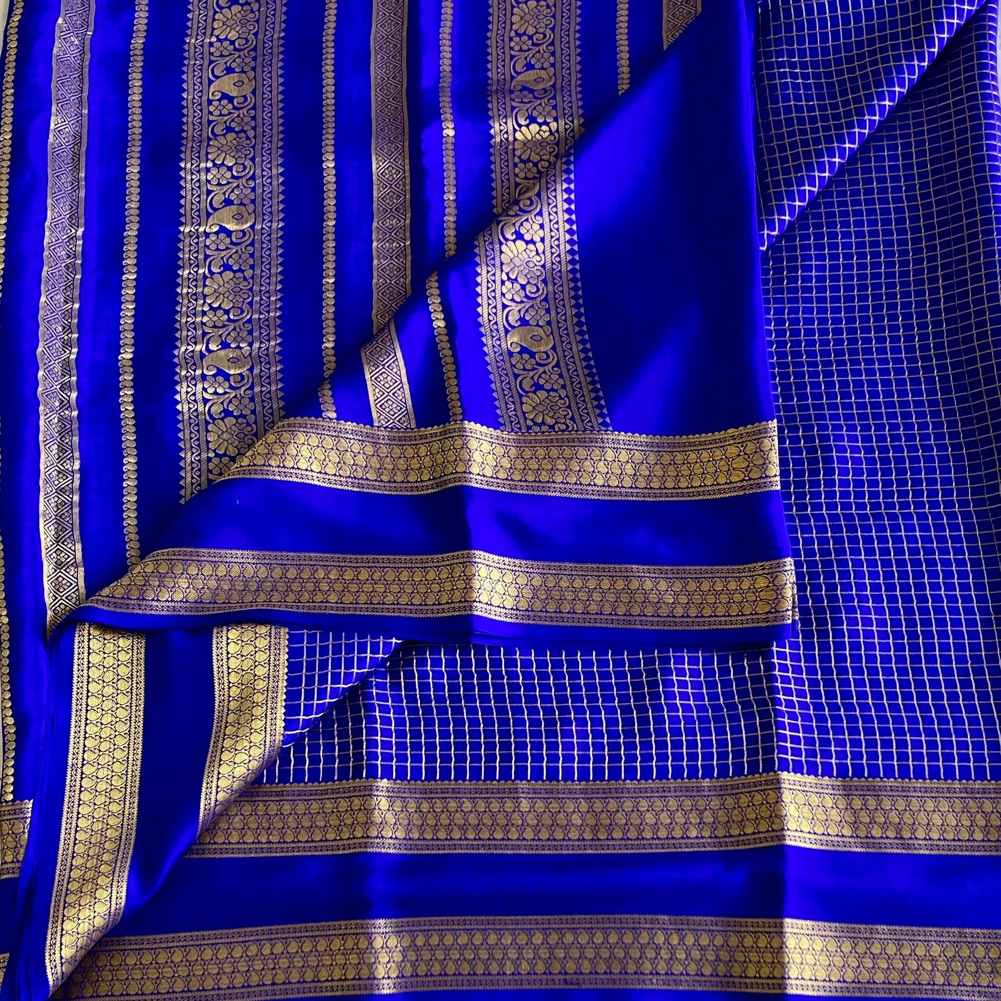 Royal Blue Mysore Crepe Silk Saree With Antique Gold Zari Stripes