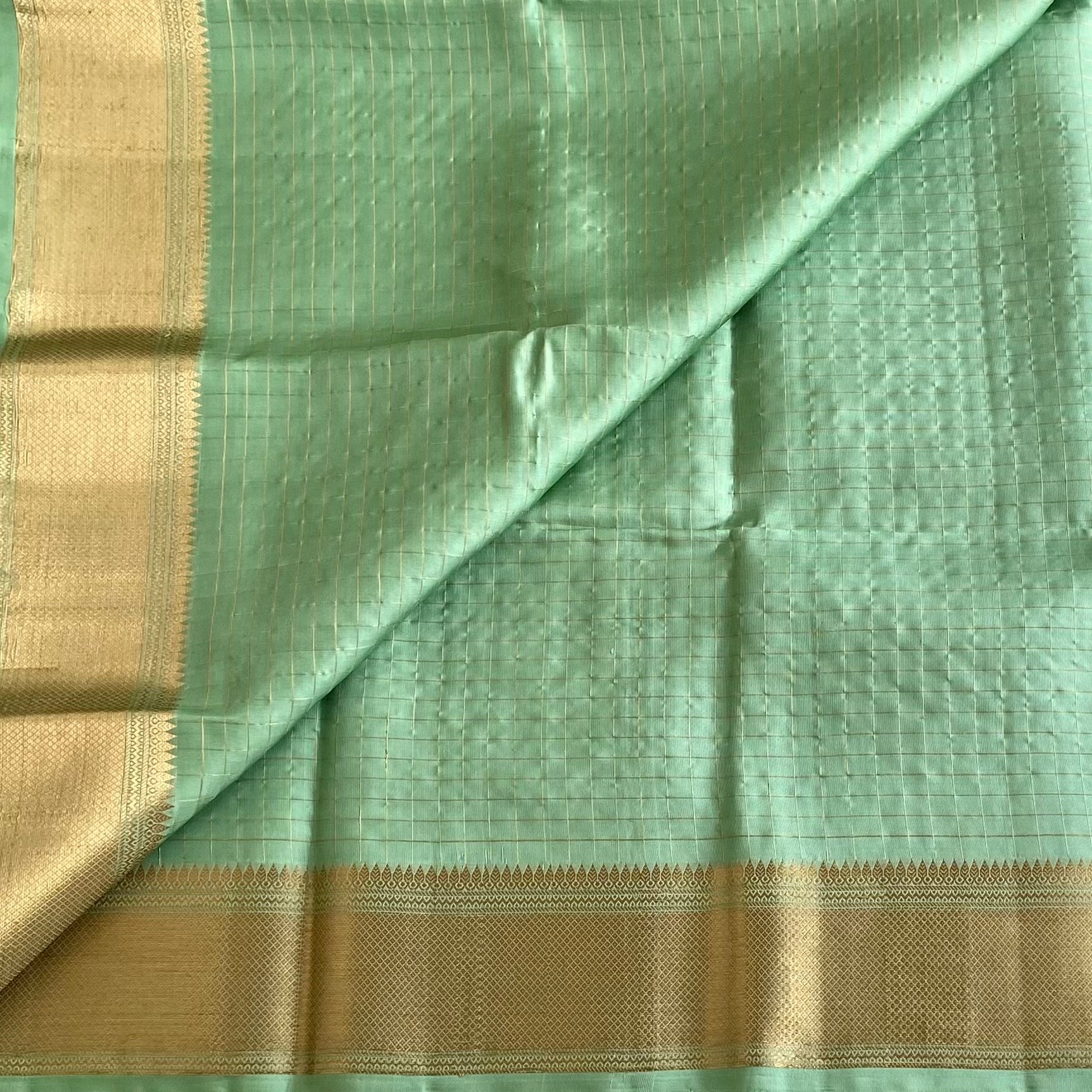 Mint Green Designer Pure Silk Micro Checkered With Gold Border