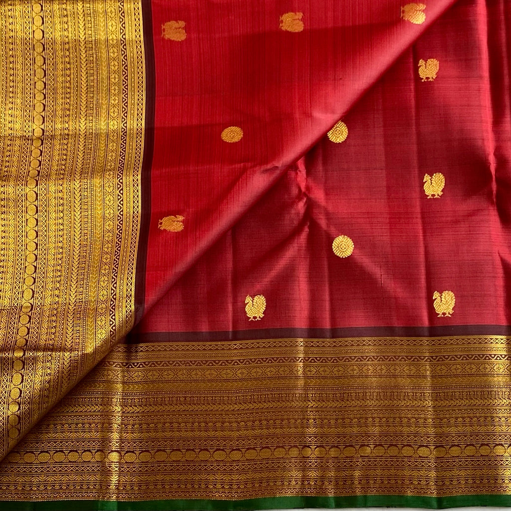 Deep Maroon Pure Kanjeevaram Silk With Coffee Brown Contrast
