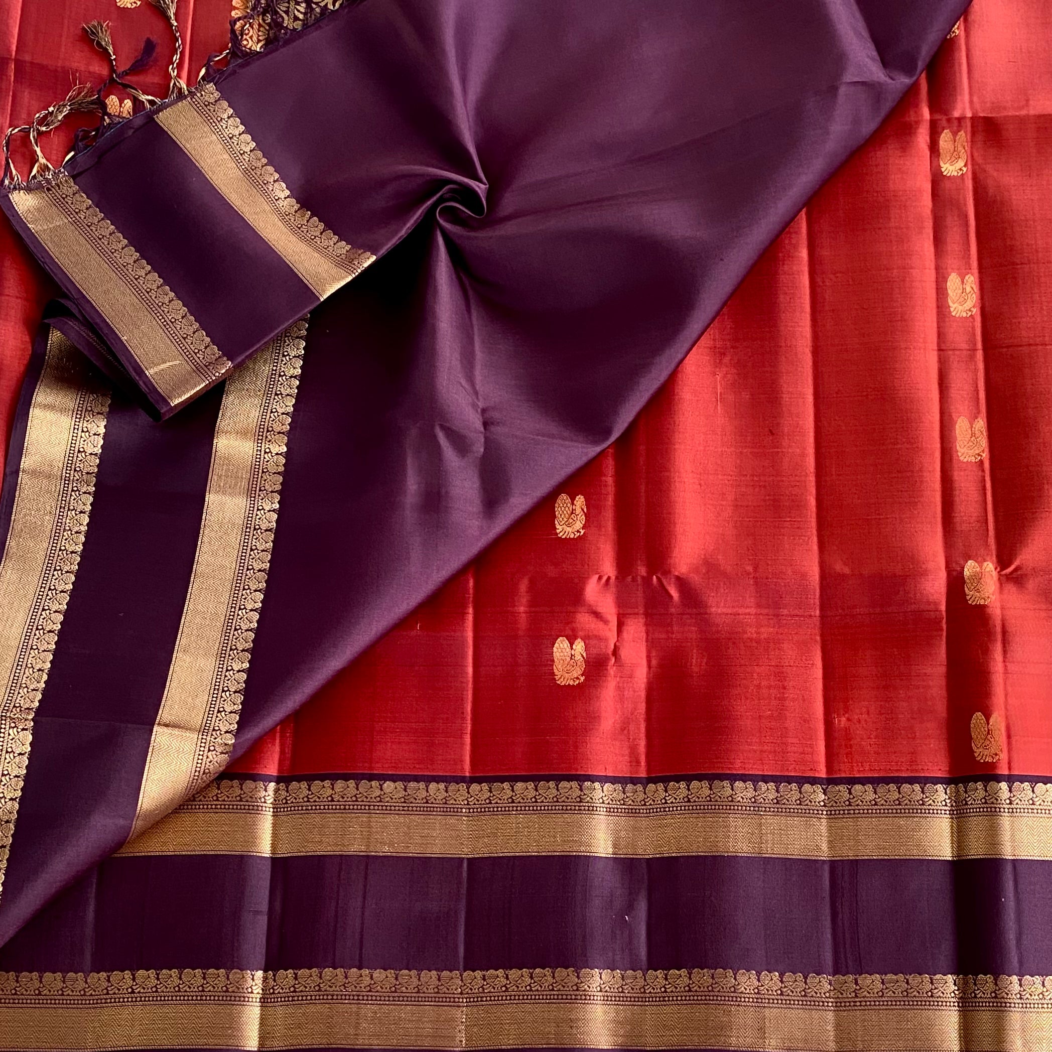 Deep Plum Designer Pure Silk Saree With Ruby Red Pallu