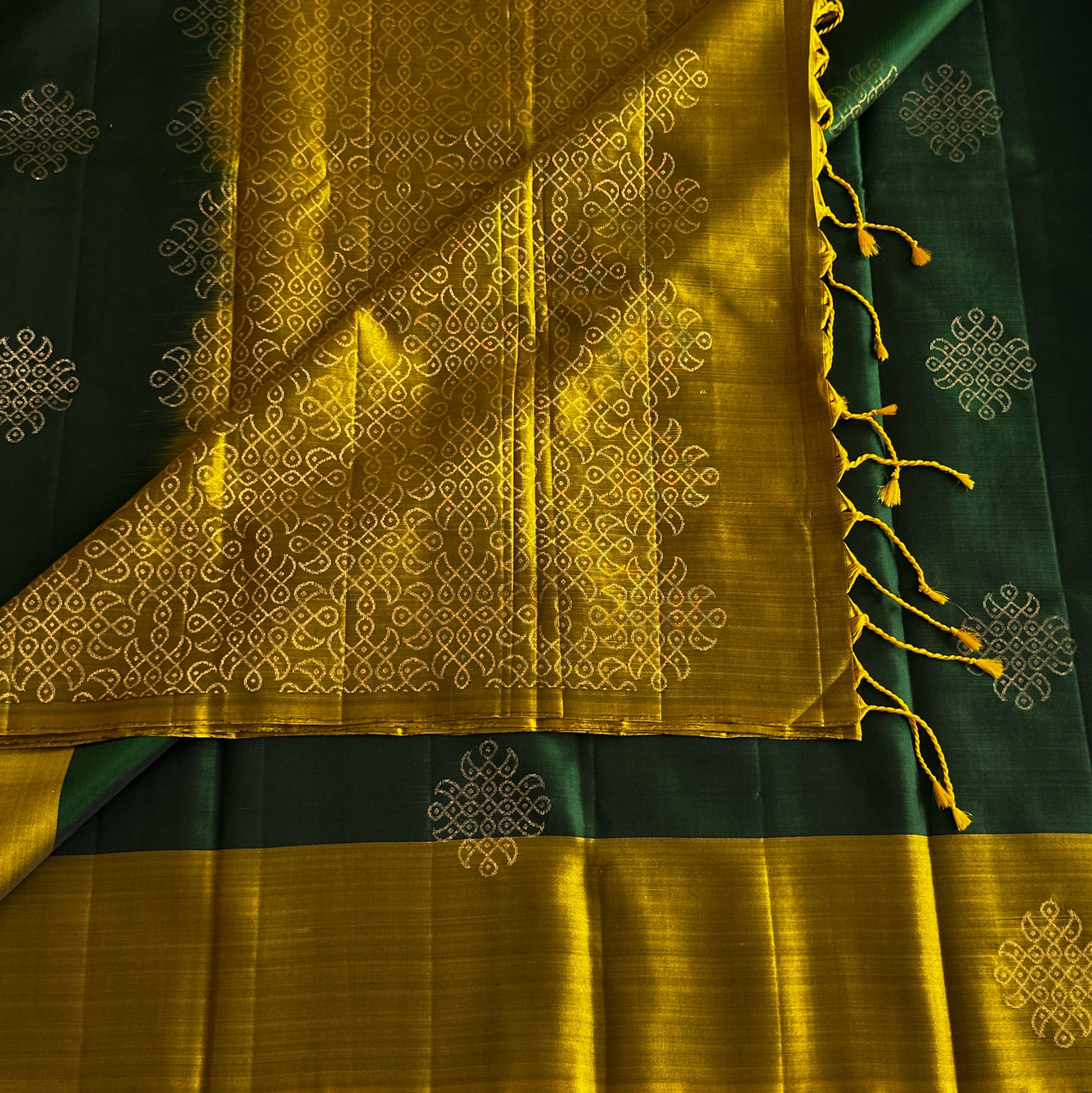 Emerald Green Silk Saree With Mustard Golden Zari Pallu Kollam weave