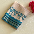 Teal Beige Bird Motif Saree With Striped Pallu And Zari Border