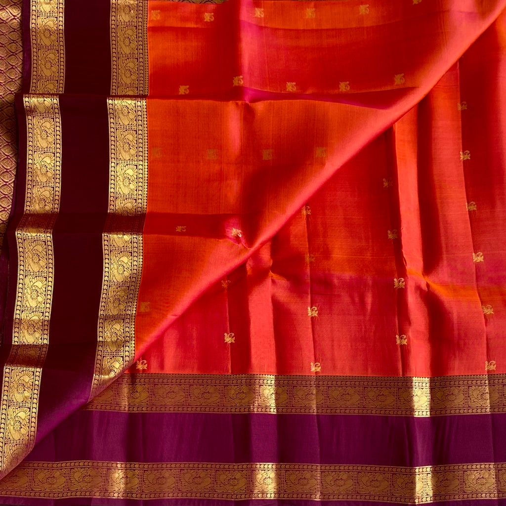 Dual Shaded Orange Designer Pure Silk With Magical Purple Pallu