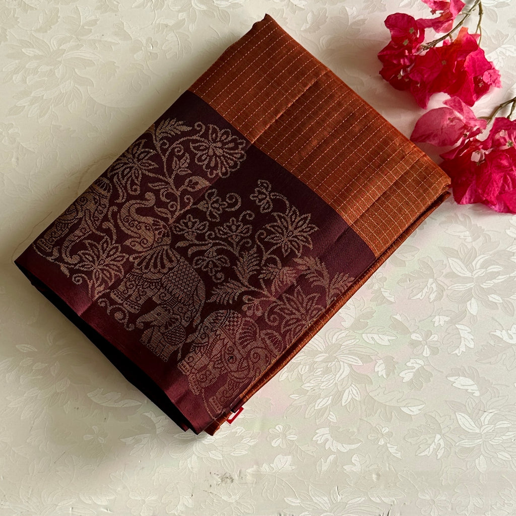 Rust Luxury Designer Pure Silk With Wine Brown Pallu Elephant Border
