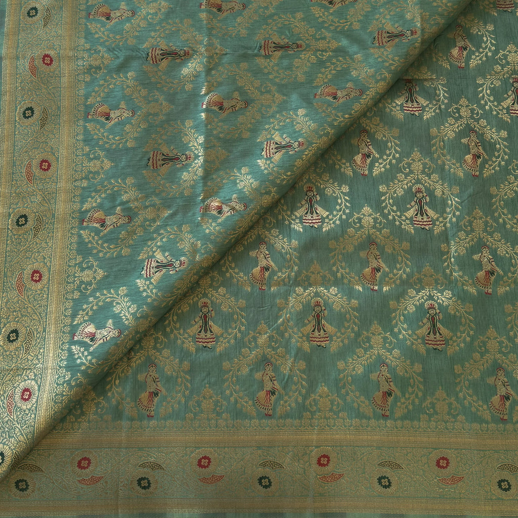 Sea Green Silk Brocade Saree with Gold Zari and Tassels
