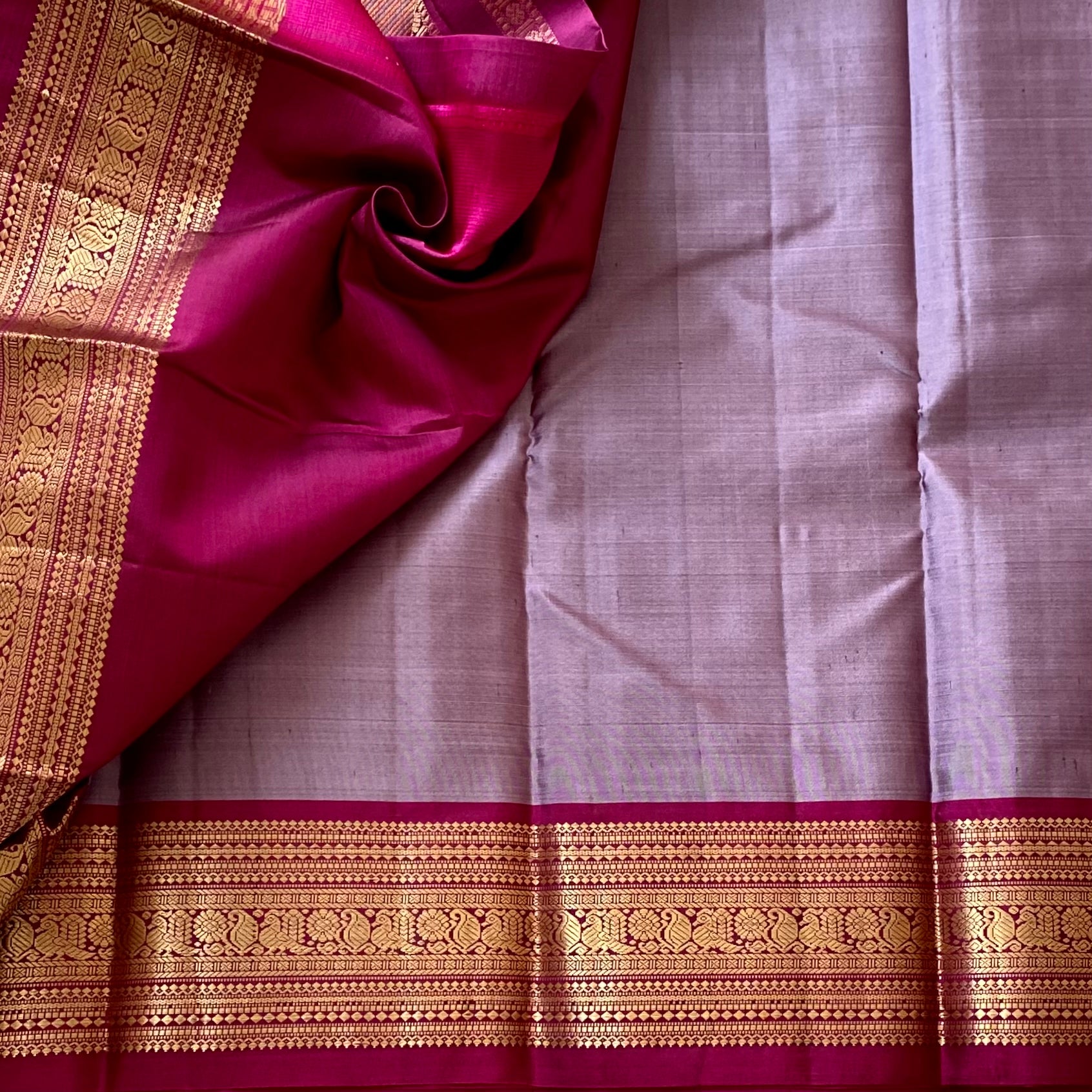Metallic Lavender Kanjeevaram  Silk With Magenta Gold Border