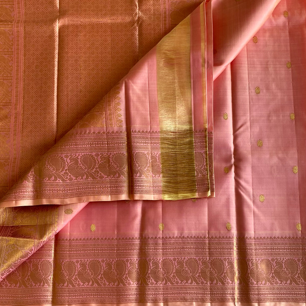 Blush Pink Kanjeevaram Pure Zari Silk Saree Gold Zari Border