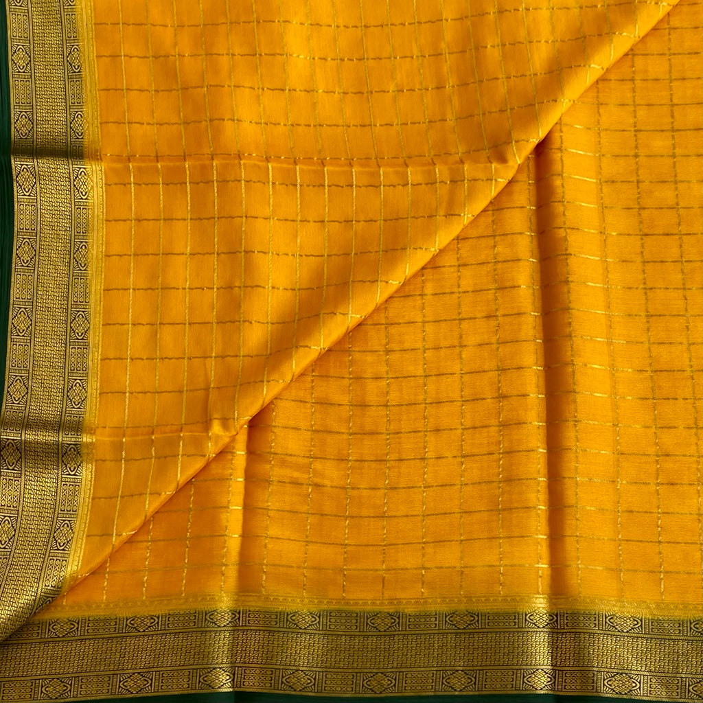 Mustard Yellow Bottle Green Mysore Crepe Silk Saree With Zari Border