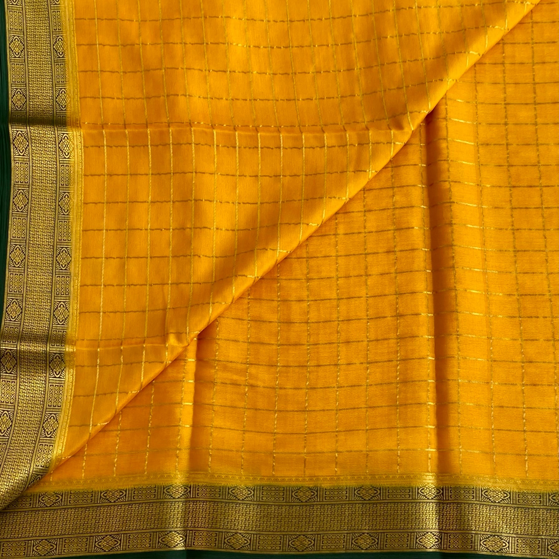 Mustard Yellow Bottle Green Mysore Crepe Silk Saree With Zari Border
