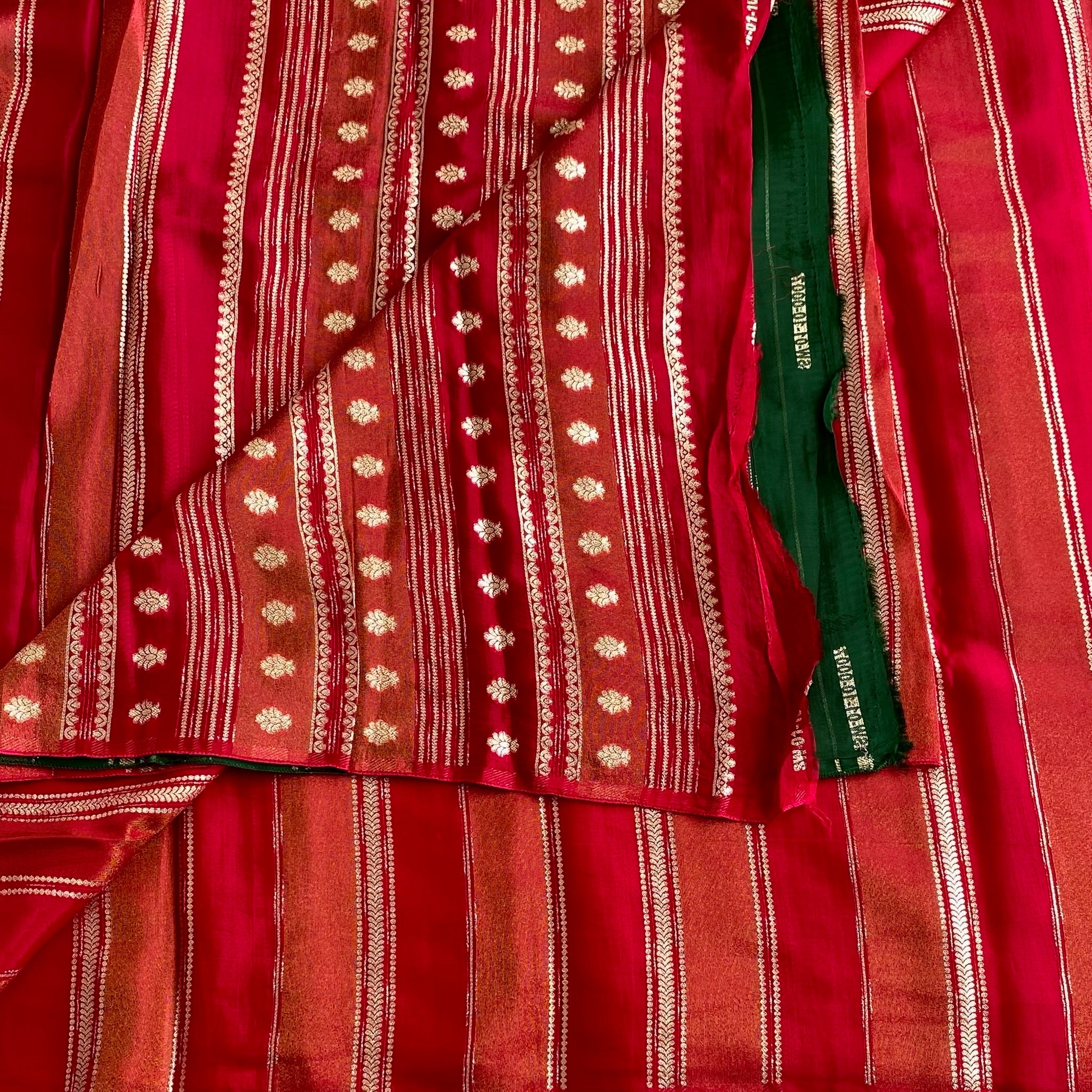 Fiery Ruby Red With Dark Green Soft Tussar Silk Saree With Metallic Gold Butis And Stripes