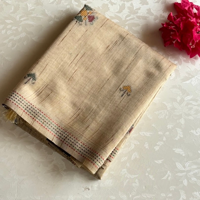 Warm Beige Soft Jute Tussar Saree With Maroon Striped Pallu