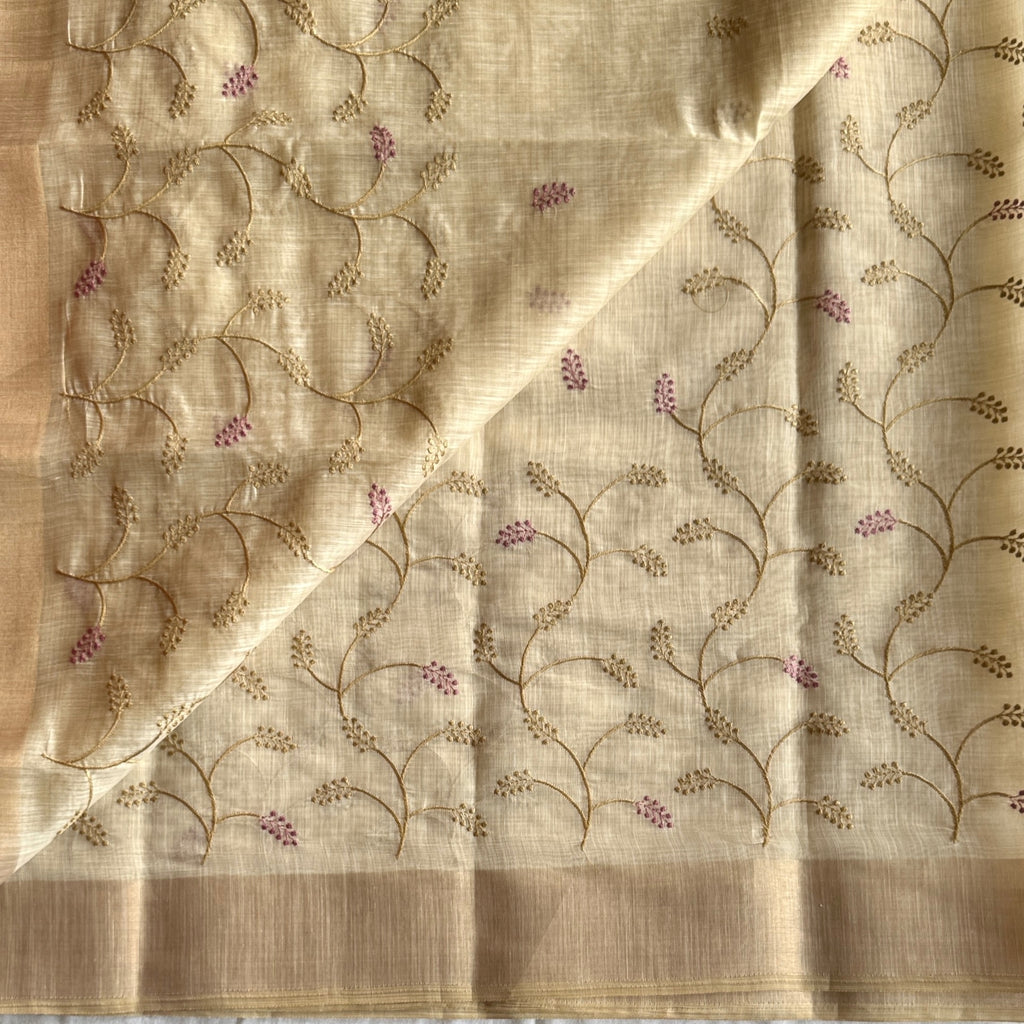 Ivory Beige Vine Embroidered Saree with Gold Zari and Mauve Accents
