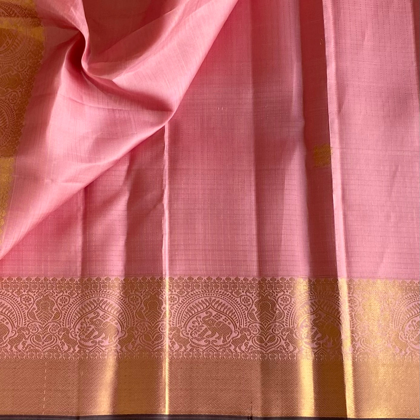 Dreamy Baby Pink Kanjeevaram Pure Zari Silk Saree With Tiny Grey Border