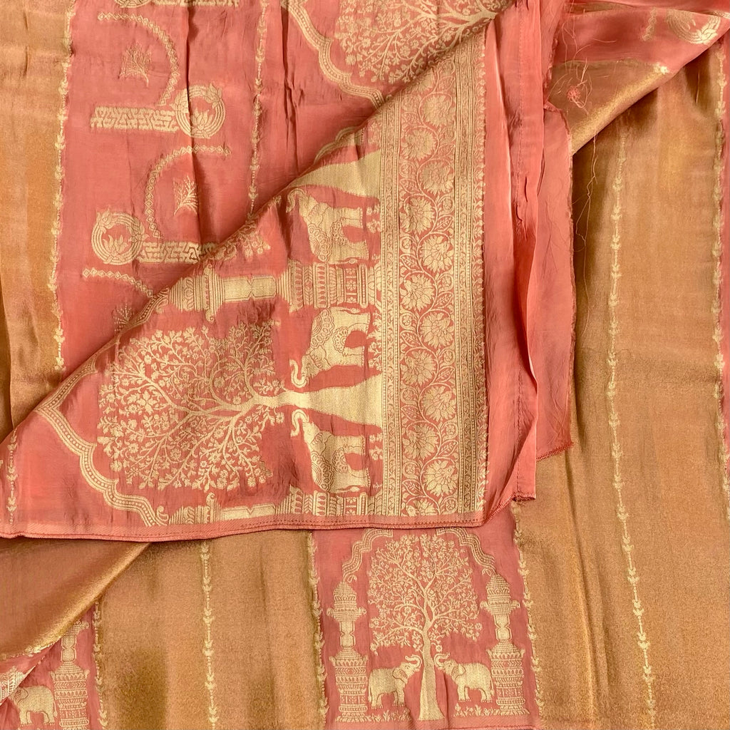 Pastel Rust Orange And Peach Soft Tussar Silk Saree With Antique Gold Zari Work