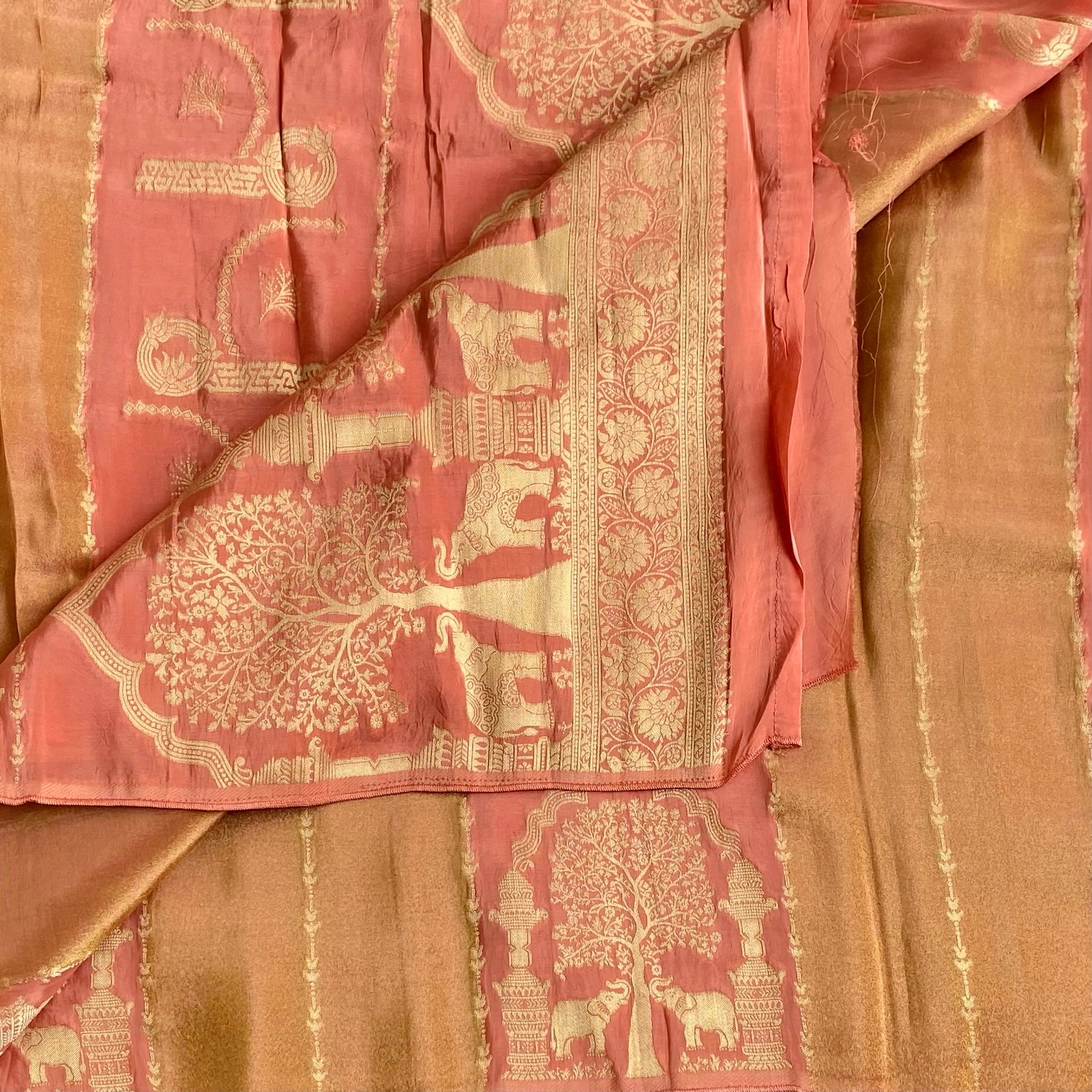 Pastel Rust Orange And Peach Soft Tussar Silk Saree With Antique Gold Zari Work