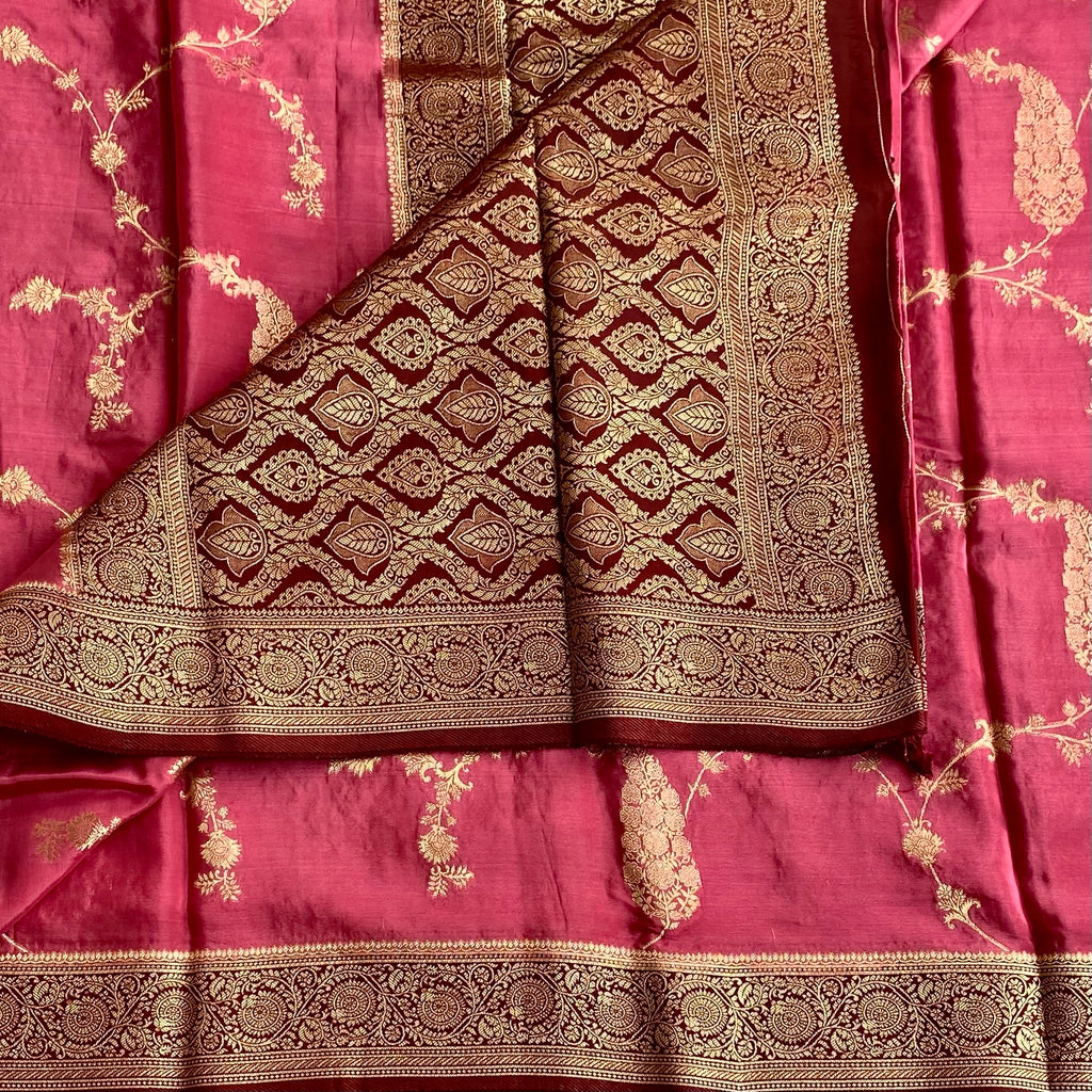 Rani Pink Soft Tussar Silk Saree With Maroon Brocade Pallu