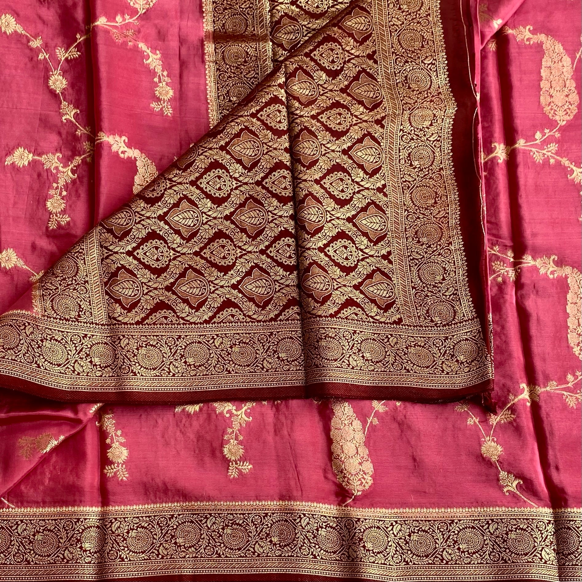 Rani Pink Soft Tussar Silk Saree With Maroon Brocade Pallu
