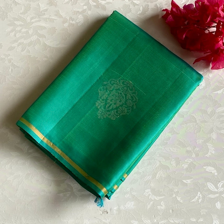 Sea Green Designer Pure Silk Saree With Gold Zari Border