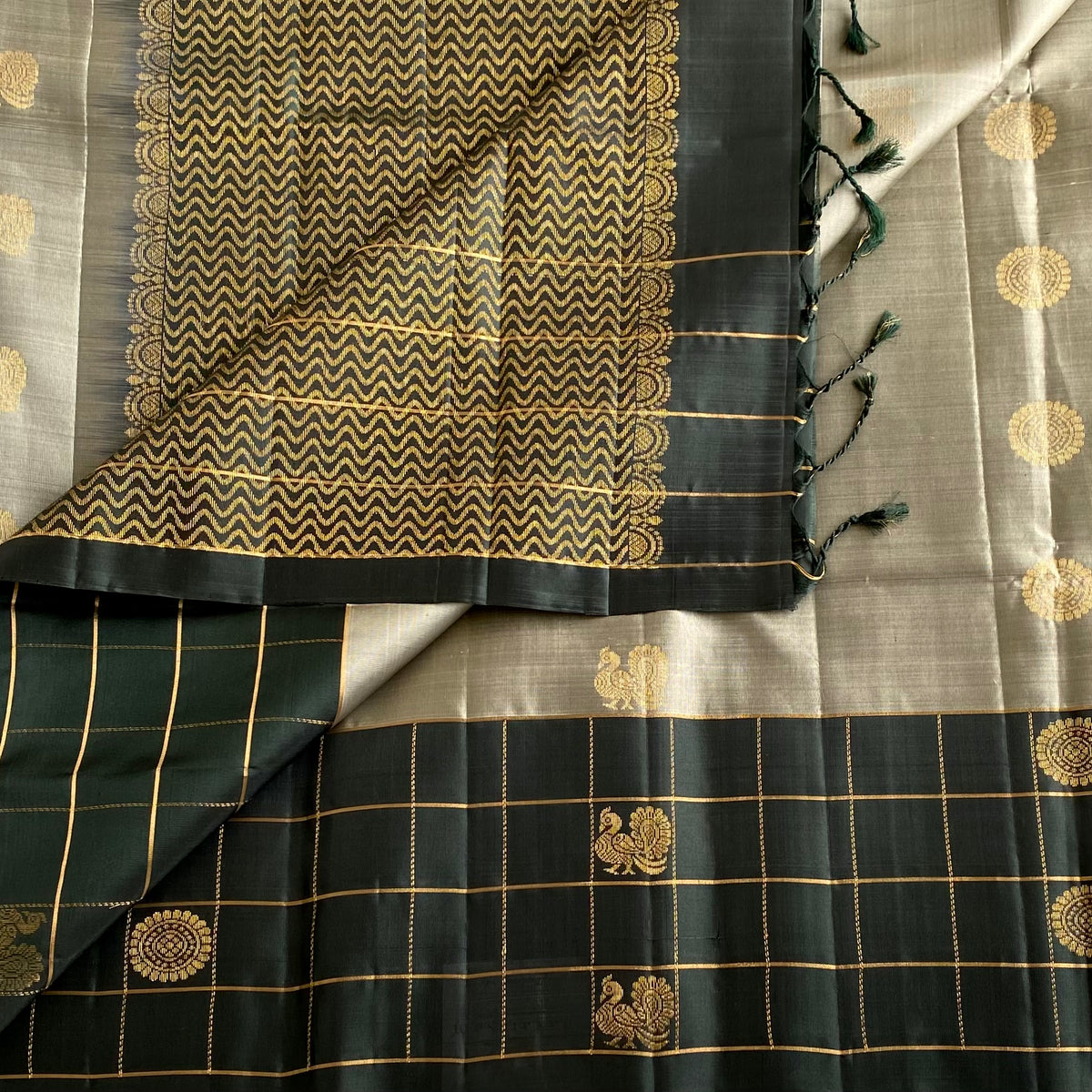 Silver Gray with Deepest Forest Green Designer Pure Silk Saree
