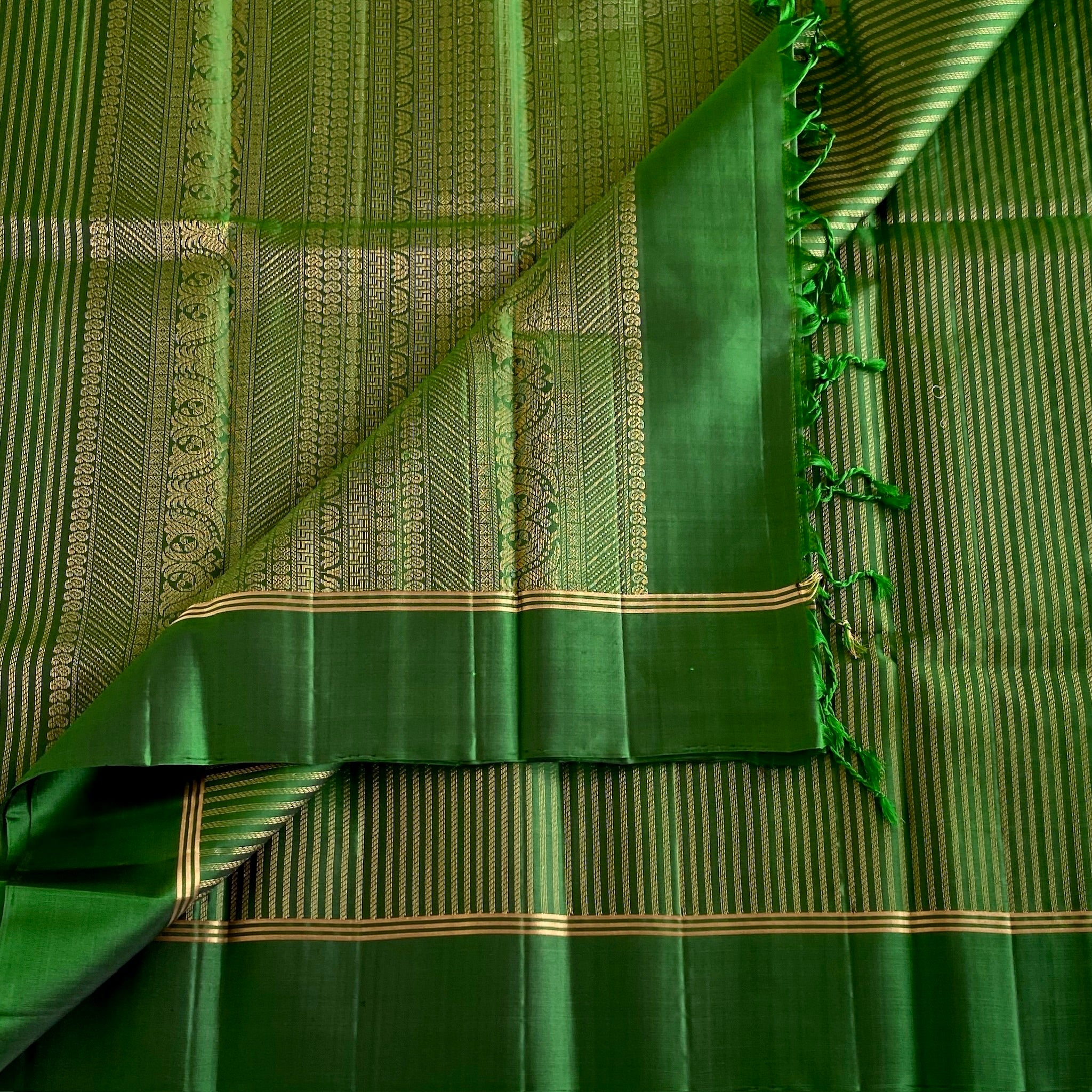Emerald Green Designer Pure Silk Saree With Gold Zari Stripes