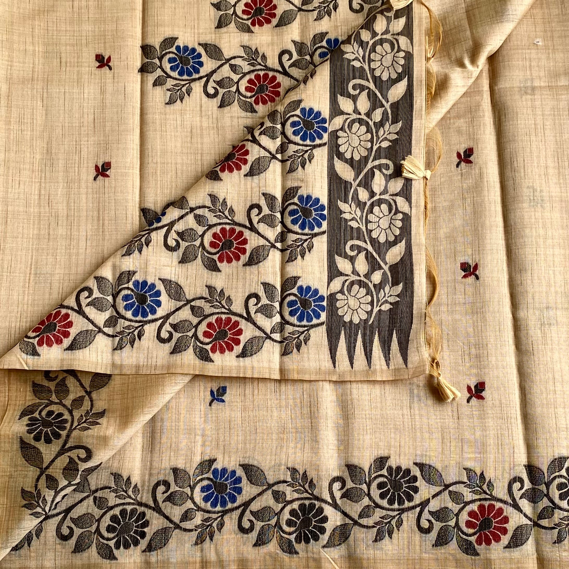 Light Beige Soft Tussar Silk Saree With Charcoal Black Border