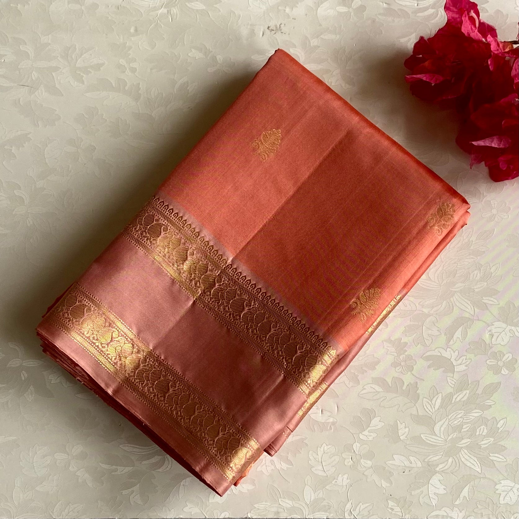 Coral Peach Designer Pure Silk Saree With Blush Pink Gold Brocade Border
